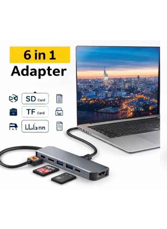 محور محول USB-C إلى HDTV 6 في 1 مع HDMI 4K، 2×USB 3.0، قارئ بطاقات SD/TF – محول متعدد المنافذ من نوع C لجهاز MacBook، الكمبيوتر المحمول و Chromebook - Image 3